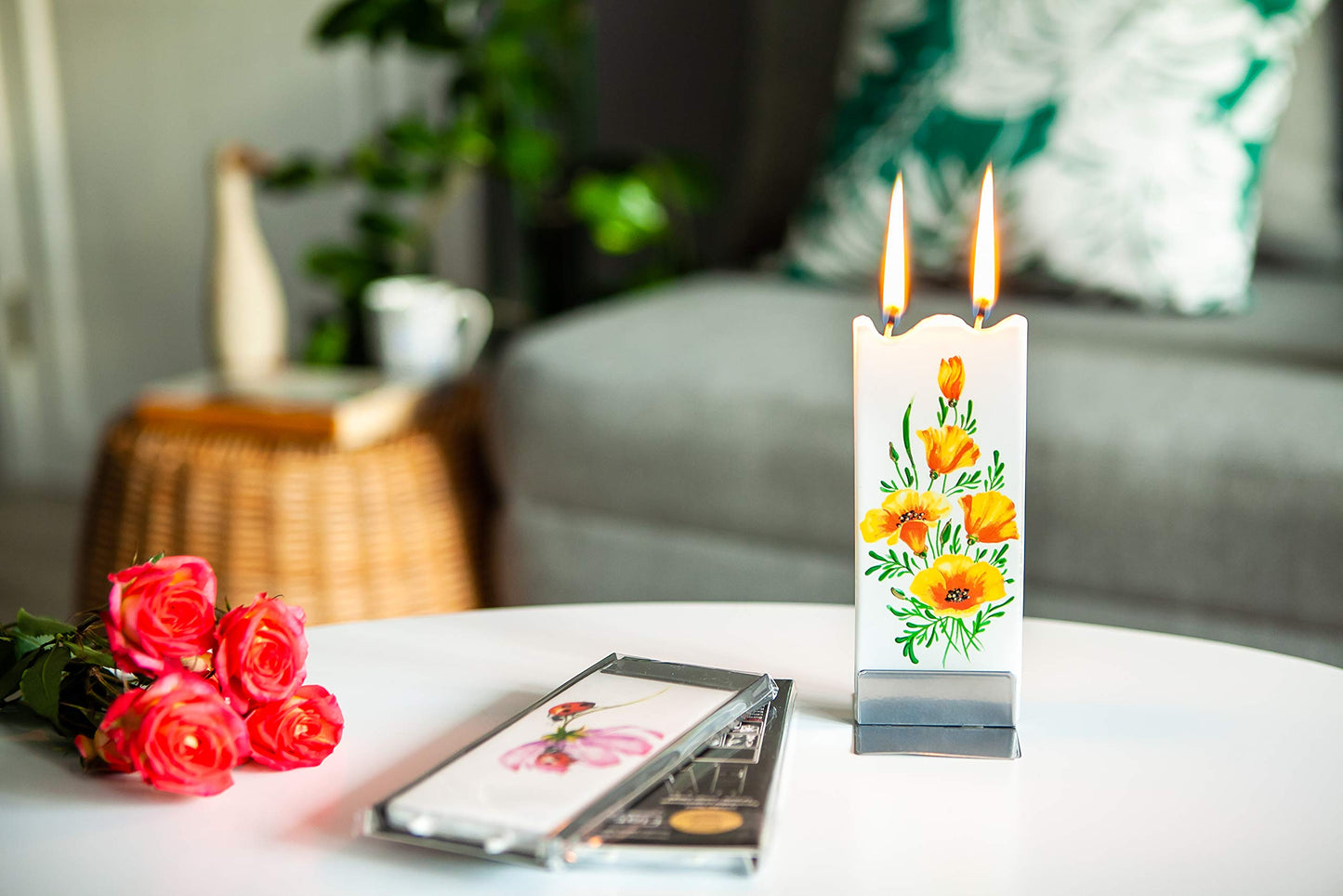 Flatyz Hand Painted Flat Candle | Unscented, Dripless, Smokeless, Decorative | Texas Bluebonnet Flowers | Double Wick with Metal Base | Unique Gift Idea and Home Décor Accent