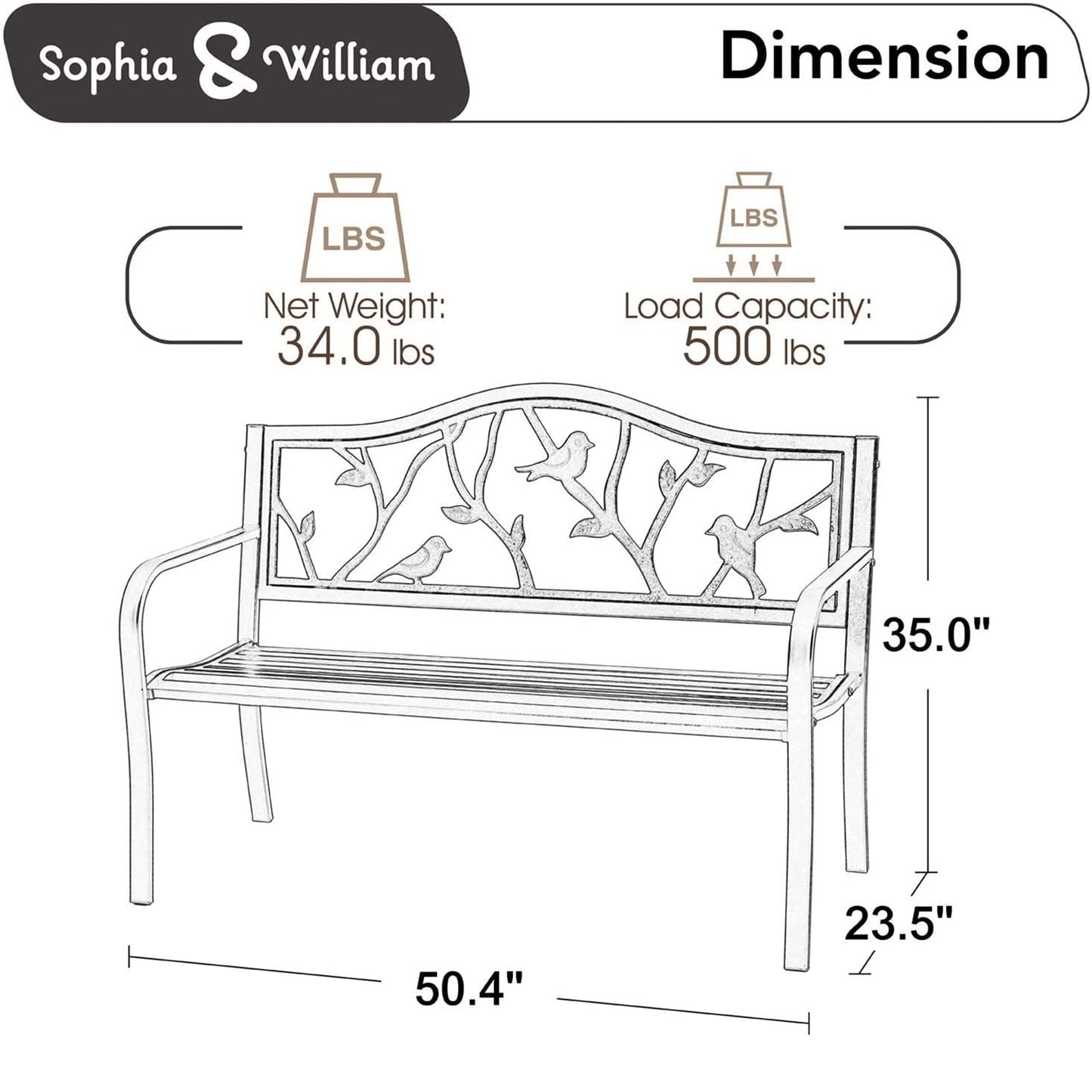 Sophia & William Outdoor Bench, Porch Bench, Garden Bench, Wrought Iron Bench with Backrest and Armrests, Bronze