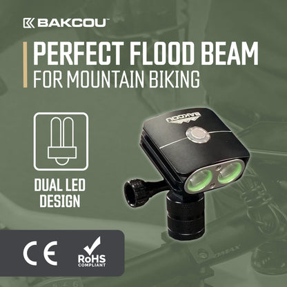 Bakcou - 2200 Lumen GoProMount Headlight - E-Bike Light with Blinking Modes, USB Rechargeable, Waterproof, Dual LED Design, 120-Hour Battery