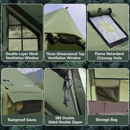 Inflatable Tents for Camping - Blow Up Tent with Stove Jack and Pump, Hot Cabin Tent House Easy Setup 4 Season Waterproof Oxford Glamping Air Tents for Adult 2/3/4 Person