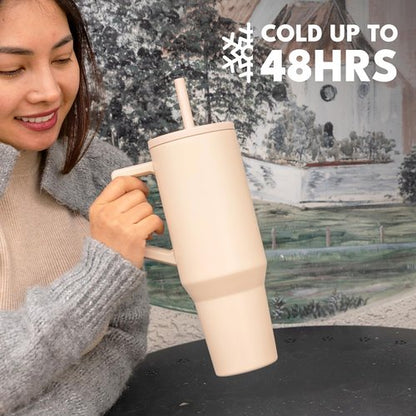 Elemental 40 oz Tumbler with Handle and Straw - Spill Proof Insulated Stainless Steel Commuter for Cold Beverages - Travel Coffee Mug with 2 Straws & Spill Proof Lid - 40oz - Beige