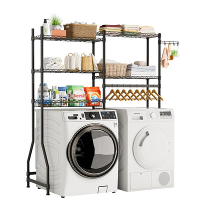 Golpart Over Washer and Dryer Shelves,Heavy Duty Laundry Room Storage Organization Clothes Drying Rack,5 Tier Adjustable Height Wire Shelving and Wire Basket with Hanger Rod&Hook,Space Saving Shelf