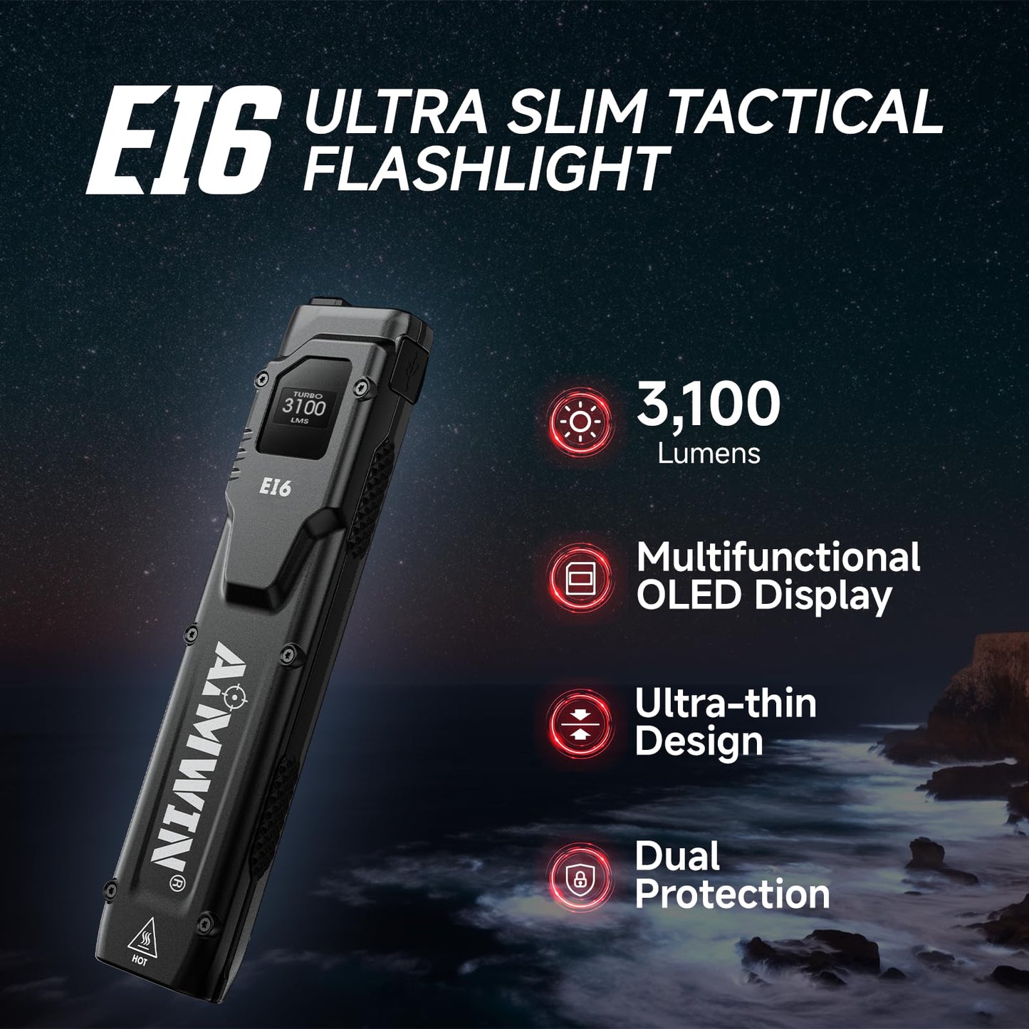 AIMWIN E16 Flat Flashlight 3100LM OLED Display Everyday Carry Flashlight Intelligent Sensor Anti Overheating Type-C Rechargeable Tactical Dual Tail Switches One Touch Turbo Strobe Slim Pocket Light
