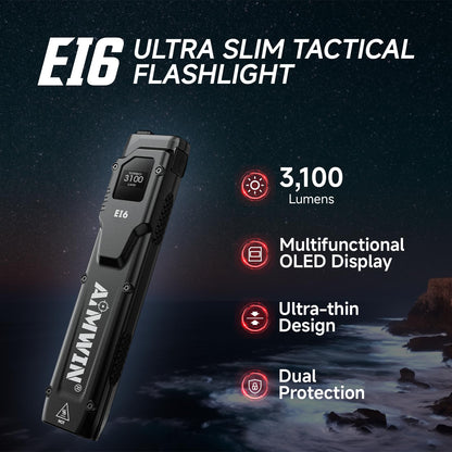 AIMWIN E16 Flat Flashlight 3100LM OLED Display Everyday Carry Flashlight Intelligent Sensor Anti Overheating Type-C Rechargeable Tactical Dual Tail Switches One Touch Turbo Strobe Slim Pocket Light