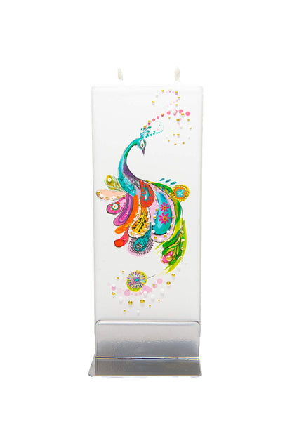 Flatyz Hand Painted Flat Candle| Unscented, Dripless, Smokeless, Decorative | Peacock | Double Wick with Metal Base | Unique Gift Idea and Home Décor Accent