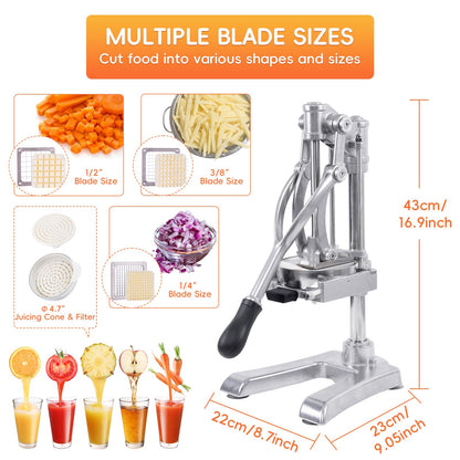 2-in-1 Commercial Juicer & Vegetable Chopper – Heavy Duty Cast Iron Manual Citrus Press with Stainless Steel Food Dicer, French Fry Cutter, 1/2" 3/8" 1/4" Blades for Potatoes
