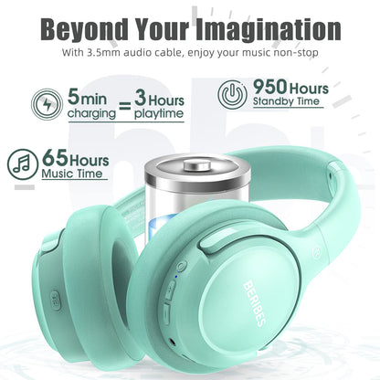 BERIBES Bluetooth Headphones Over Ear, 65H Playtime and 6 EQ Music Modes Wireless Headphones with Microphone, HiFi Stereo Foldable Lightweight Headsets, Deep Bass for Home Office Cellphone PC Ect.