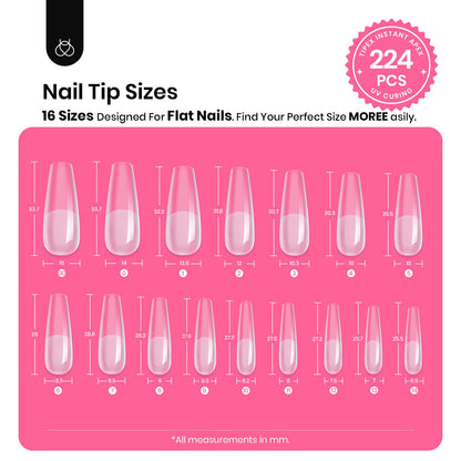 Beetles Tipex Instant Apex Nail Tips Kit, Coffin Long 224Pcs 16 Sizes Pre-Building & Pre-Etched Thicker Acrylic Nails False Nail Extension with Tipex Nail Glue Mini Nail Lamp