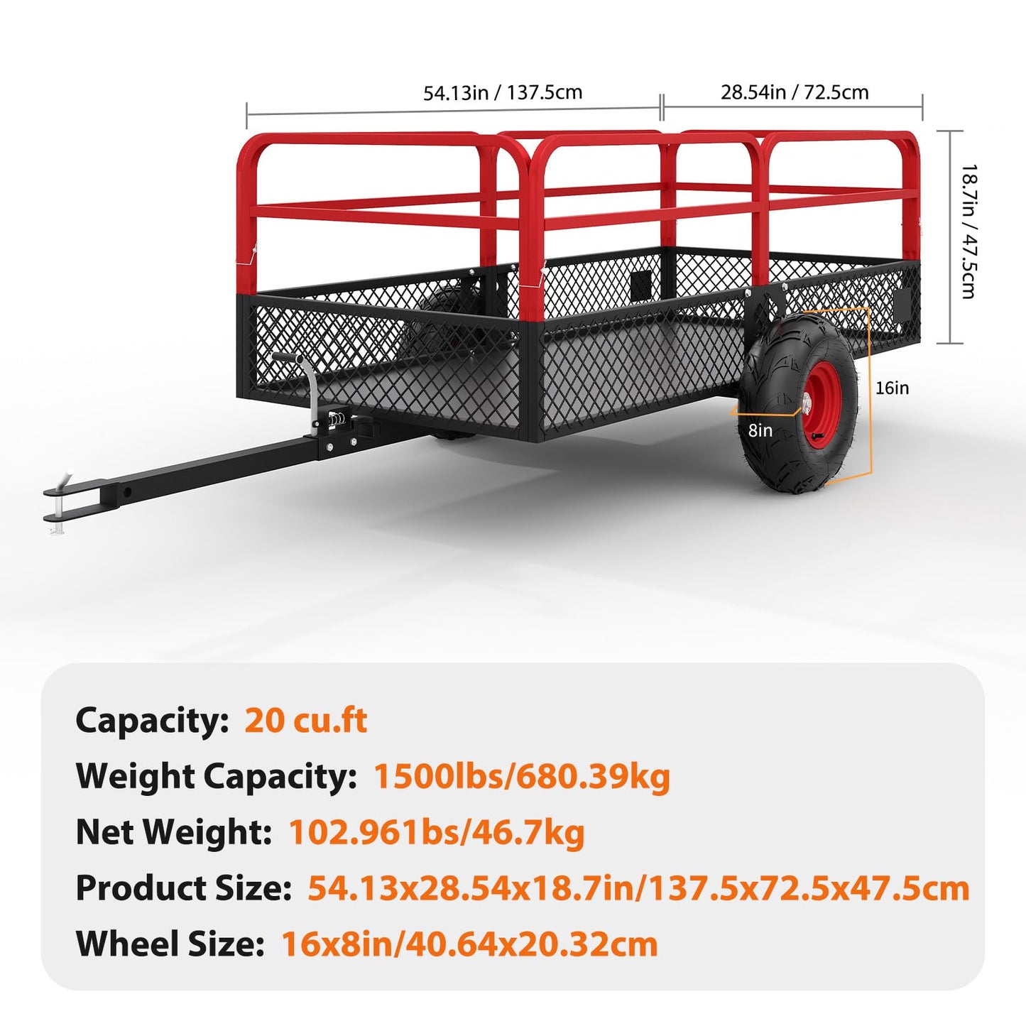 Garvee Tow Behind Dump Trailer for ATV UTV, 1500 lbs 20 Cubic Feet Heavy Duty Yard Garden Trailer Dump Cart Pull Behind with Removable Sides & All Terrain Tires, Fits Lawn Mower, Tractor, Garden