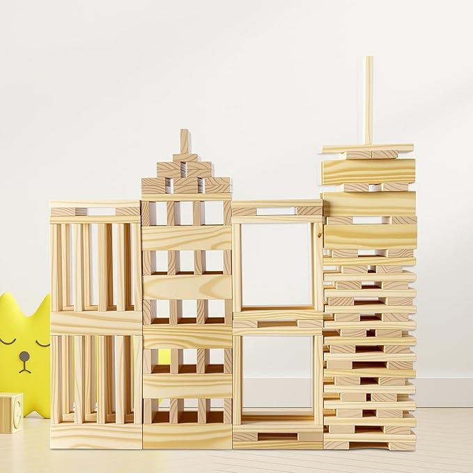 Jumbo 42 Pcs Medium Wooden Building Blocks for KidsNatural Pine Construction Toy - 9.8 in Large Building Planks for Fast &amp Satisfying STEM Play Sensory Motor Skills Family Game Night (20lbs)