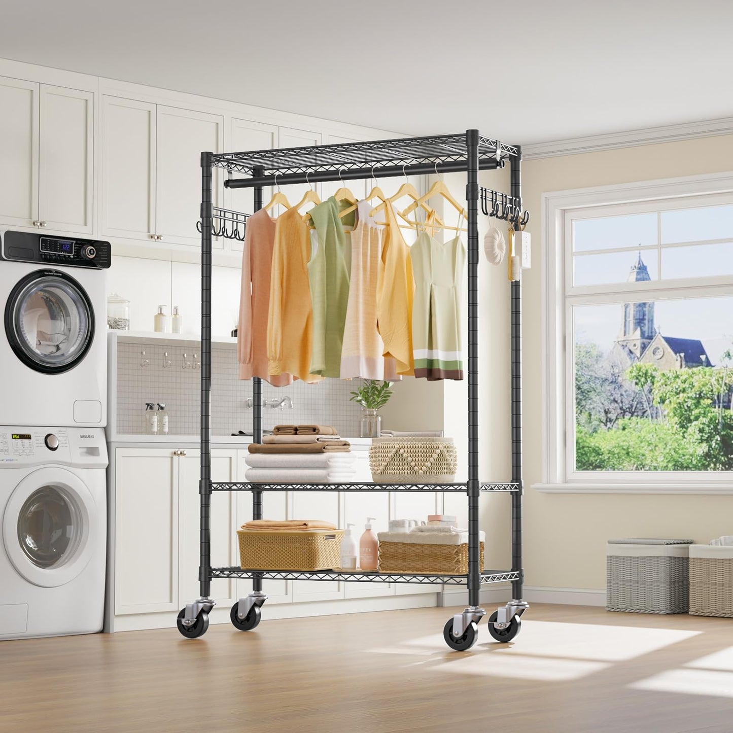 VIPEK R3 Heavy Duty Garment Rack with Lockable Wheels, Portable Rolling Closet with Adjustable Shelves & Hanging Rod & Side Hooks, Compact Space-Saving Storage for Small Apartments/Dorms (Black)