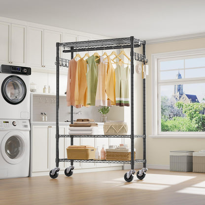 VIPEK R3 Heavy Duty Garment Rack with Lockable Wheels, Portable Rolling Closet with Adjustable Shelves & Hanging Rod & Side Hooks, Compact Space-Saving Storage for Small Apartments/Dorms (Black)