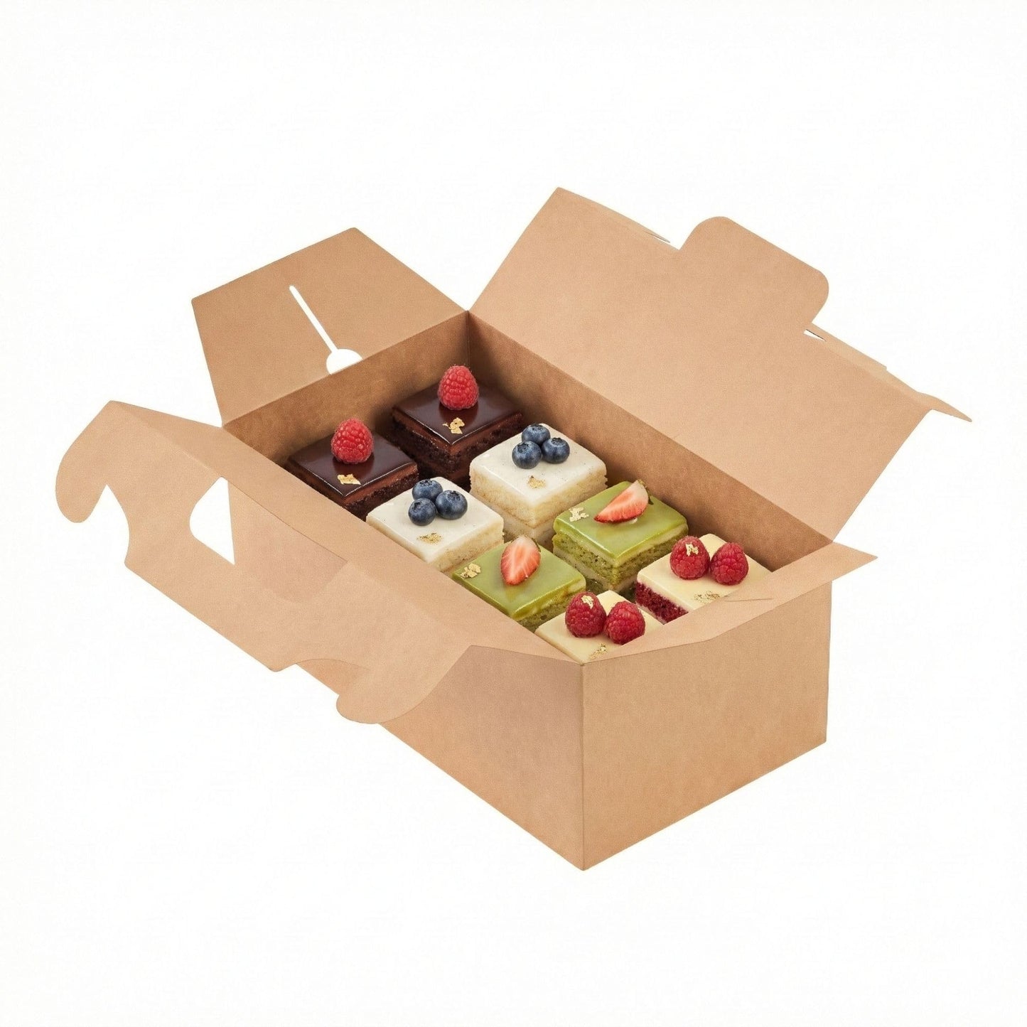 Restaurantware-Bio Tek 10.2 x 5.9 x 6.9 Inch Treat Boxes With Handles, 100 Rectangle Gable Boxes - With Secure Tab, Grease-Resistant, Kraft Paper Cardboard Boxes, Recyclable