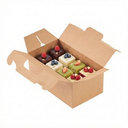 Restaurantware-Bio Tek 10.2 x 5.9 x 6.9 Inch Treat Boxes With Handles, 100 Rectangle Gable Boxes - With Secure Tab, Grease-Resistant, Kraft Paper Cardboard Boxes, Recyclable