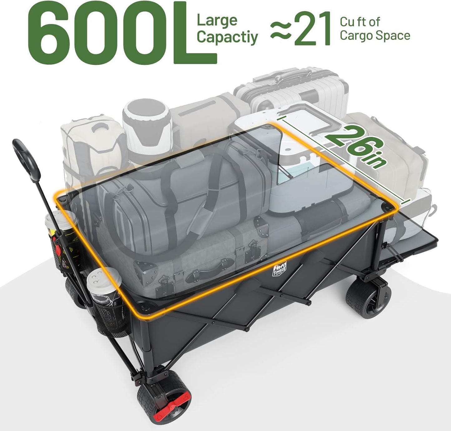 Timber Ridge 600L Beast Wagon 26" W Extra Wide All Terrain Folding w/Big Wheels, Cargo Net & Tailgate, 26" W and 55.25" L, 500lbs Heavy Duty Collapsible Portable Cart for Camping, Sports, Dogs, Grey