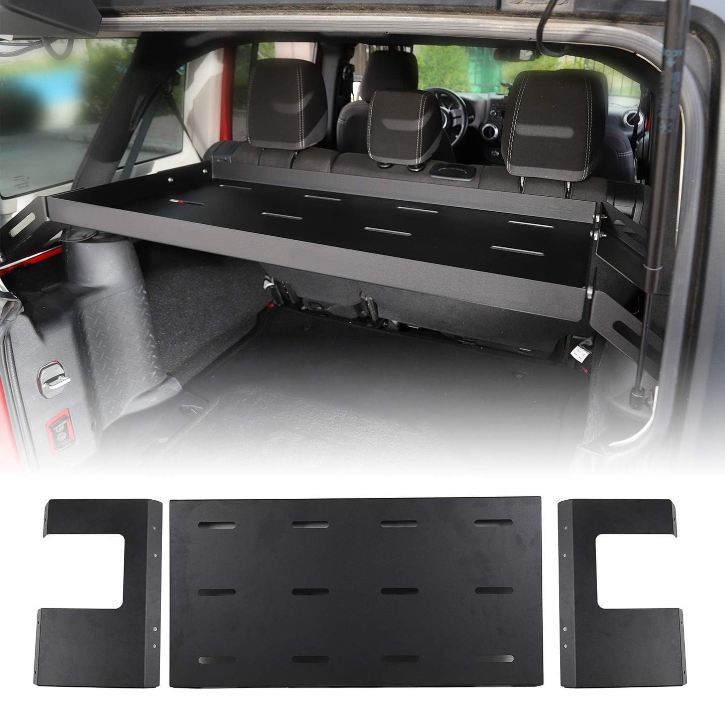 RT-TCZ Rear Trunk Cargo Rack Basket for Jeep Wrangler JKU (2007-2017) & JLU (2018+), 4 Door Interior Storage Shelf, Black Aluminum Alloy & Stainless Steel, 1PC Integrated Pallet