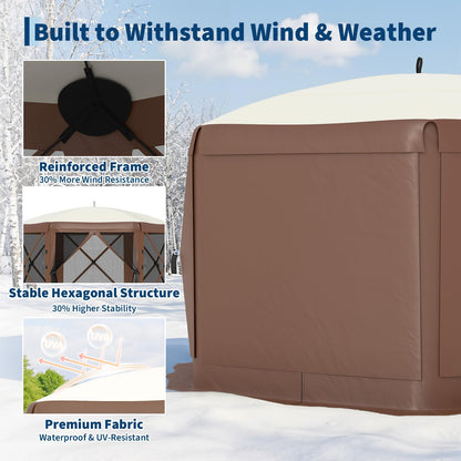GarveeLife 11.5x11.5FT 6-Sided Pop Up Gazebo Tent，One-Push Setup Canopy Tent with Mesh Panels & Removable Wind Cloths, Outdoor shelter for Camping, Backyard Parties, Outdoor Events - Beige & Khaki