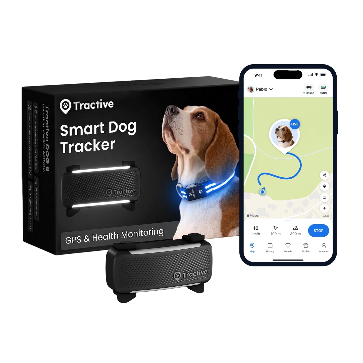 Tractive Smart Dog GPS Collar | Live Pet Tracker with Virtual Fence | Vital Signs Monitoring of Heart & Respiratory Rate | Bark Monitoring | LED Dog Collar (Blue, Medium)