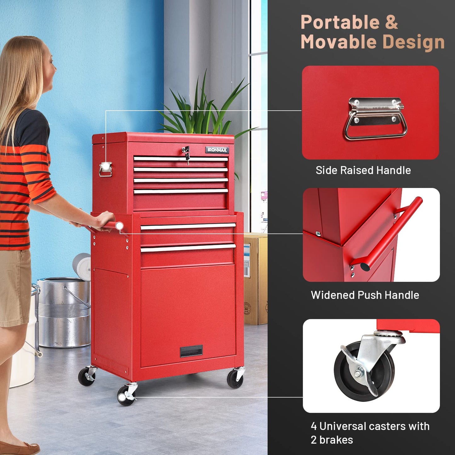 ERGOMASTER Rolling Tool Chest Cabinet Big Tool Storage Cabinet on Wheels and Lock System, Toolbox Organizer with Sliding Liner - 6-Drawers & Red