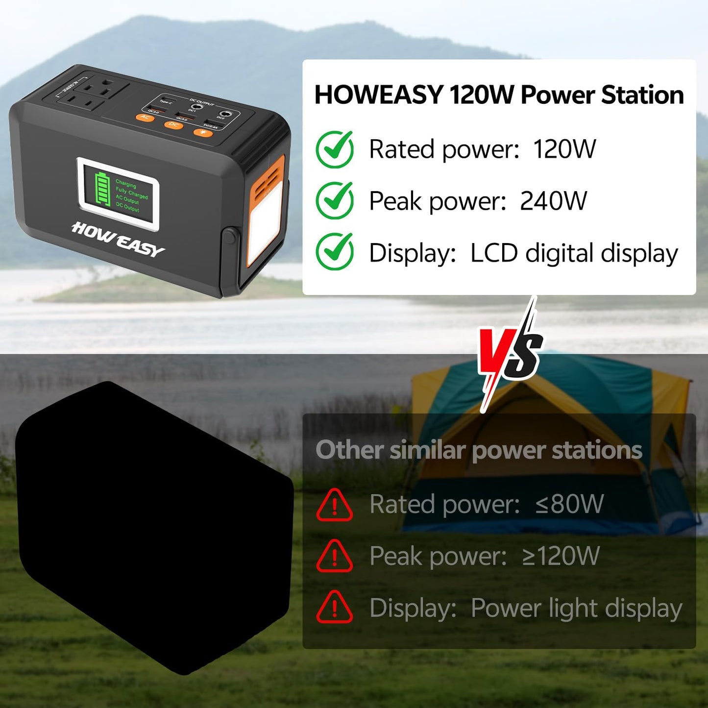 HOWEASY Portable Power Station,120W(240W Peak) Solar Generator,88Wh Lithium Battery Power with 110V AC Outlet/DC/USB/LED Light for Outdoor Camping Trip Hunting Emergency(Solar Panel Optional)