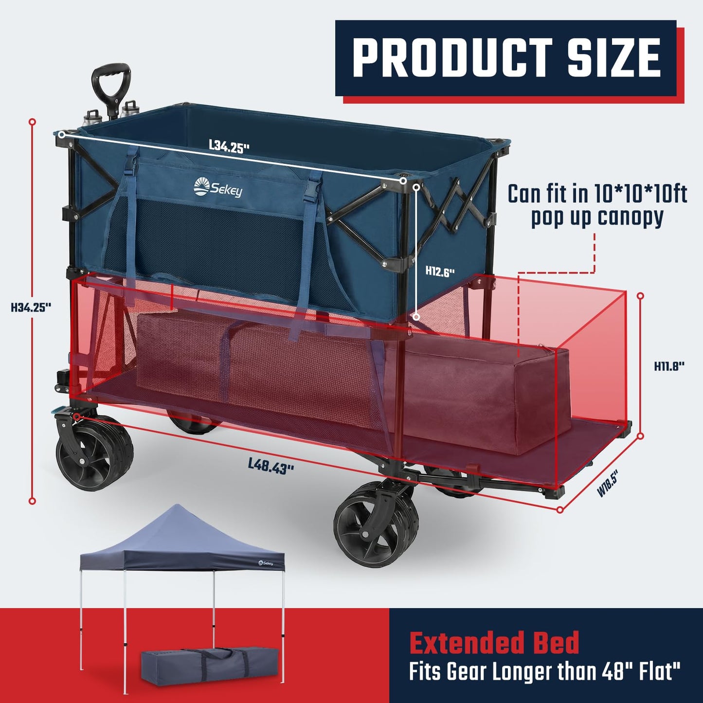 Sekey 500LBS Heavy Duty Double Decker Wagon with Extender, 400L Large Capacity Collapsible Garden Cart Fits 10x10 Canopy, All-Terrain Big Wheels with Brakes, Foldable Utility Wagon for Sports, Camping