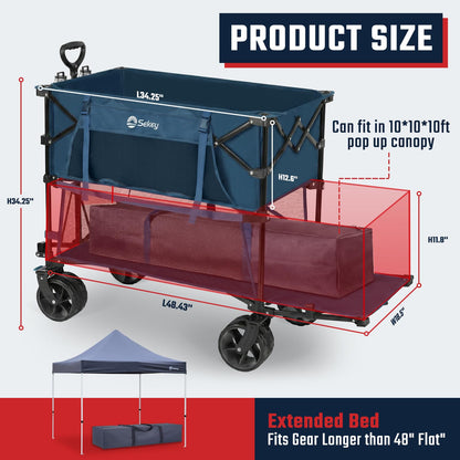Sekey 500LBS Heavy Duty Double Decker Wagon with Extender, 400L Large Capacity Collapsible Garden Cart Fits 10x10 Canopy, All-Terrain Big Wheels with Brakes, Foldable Utility Wagon for Sports, Camping