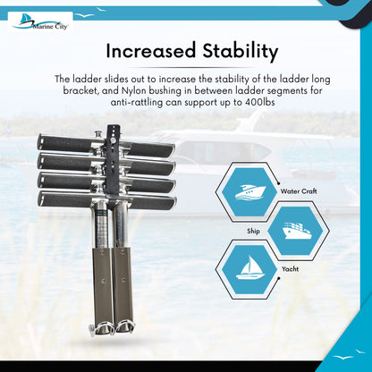 MARINE CITY 4-Step Telescoping Swim Platform Ladder – 304 Stainless Steel, Flip-Up Design, Anti-Slip Steps, 42" Pull-Out Length for Boats & Marine Use (Pack of 1)