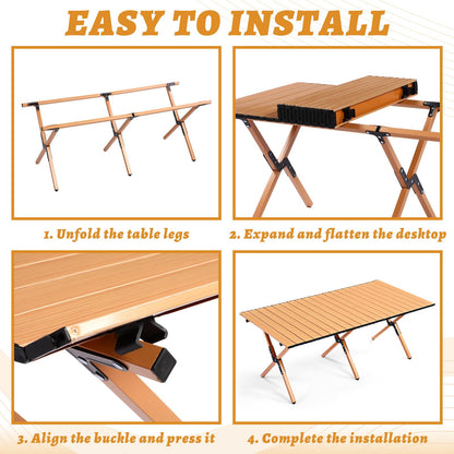 Suzile 4FT Folding Camping Table, Roll Up Portable Camp Table with Carry Bag, Low Collapsible Lightweight Aluminum Outdoor for Camping, Picnic, Beach, Patio, Kitchen (Yellow Wood Color)