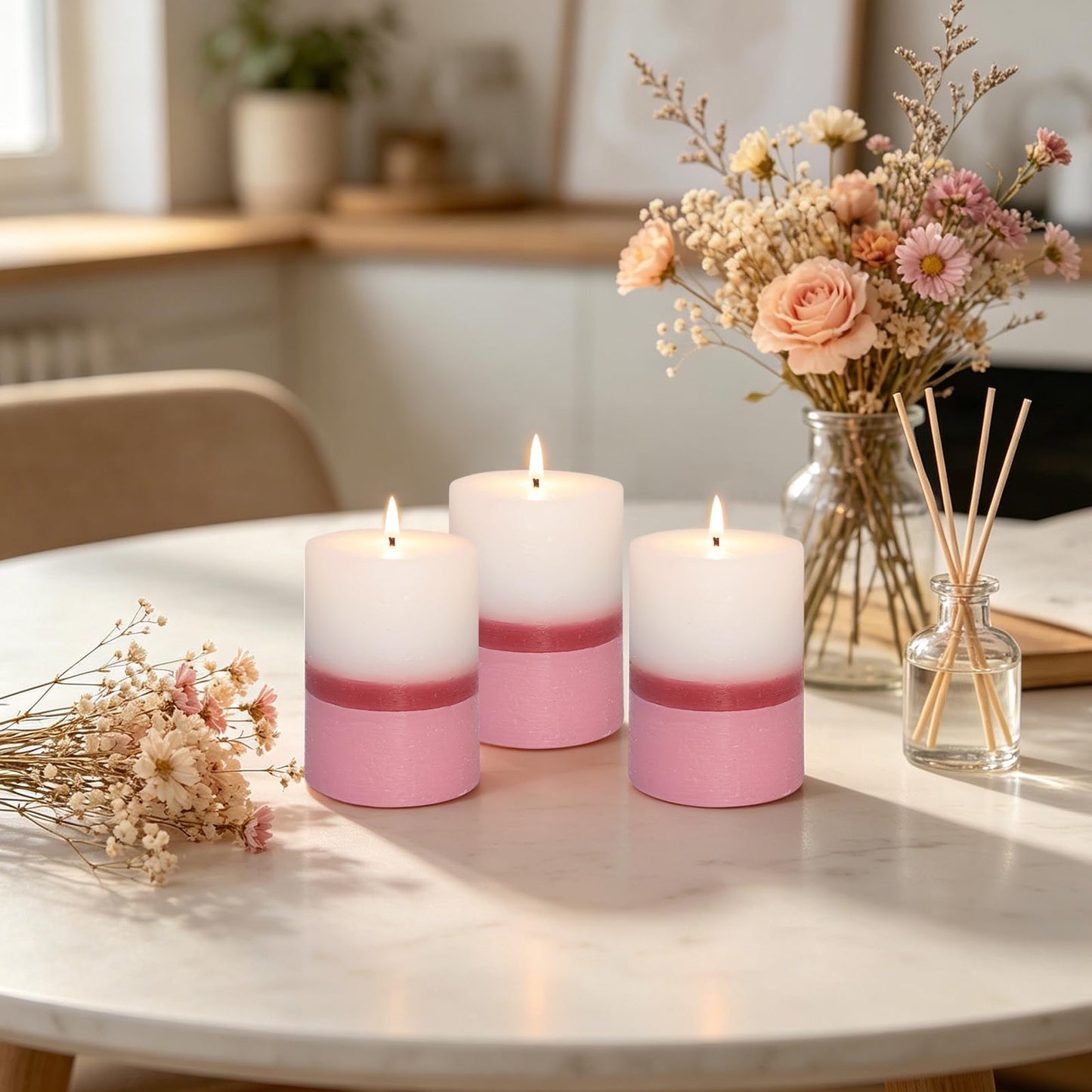 Cafemoon Floral Scented Pillar Candles Set of 3, 3x4 Inch Rustic Rough Texture Handmade Aromatherapy Candles, 35+ Hours Long Lasting Smokeless & Dripless for Home Decor Wedding Birthday Gift