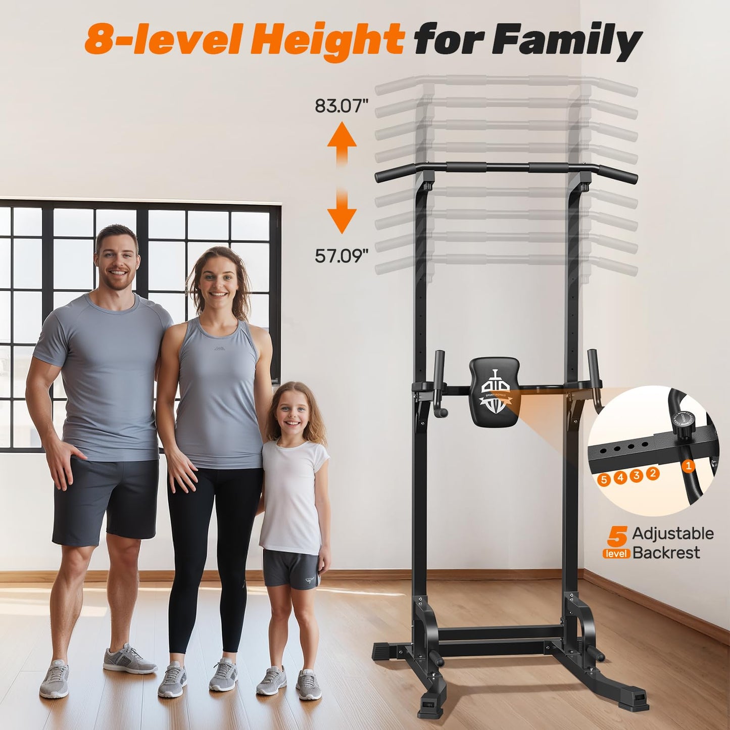 SPORTSROYALS Power Tower, Multi-Function Pull up Bar Dip Station with Upgraded Adjustable Foot Cover Equipment for Home Gym,360LBS