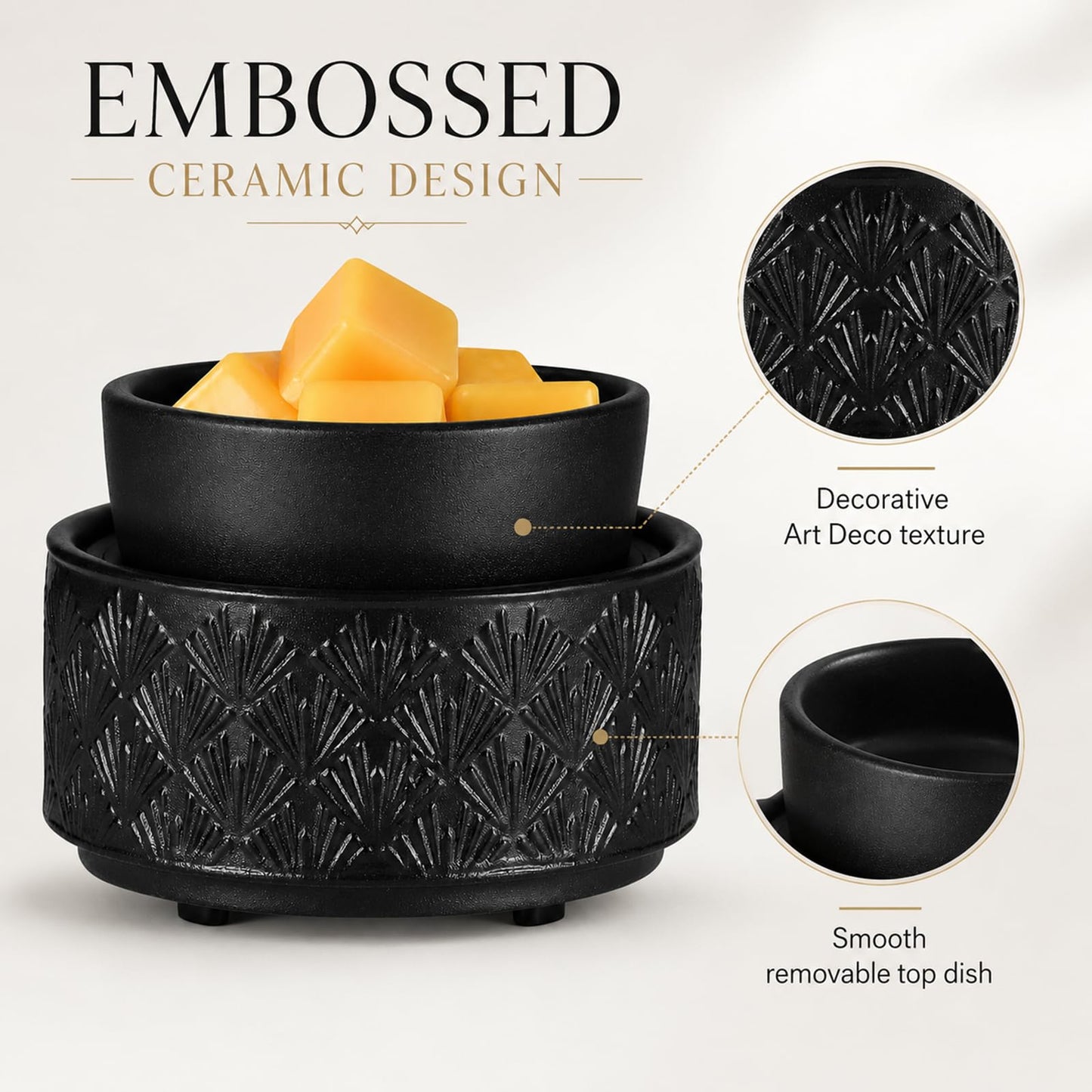 Mocosa Ceramic Wax Warmer Wax Melt Warmer for Scented Wax 3-1 Electric Candle Warmer Home Fragrance Wax Burner Perfect Christmas Gifts for Mom Women(Black-Fan Shaped)