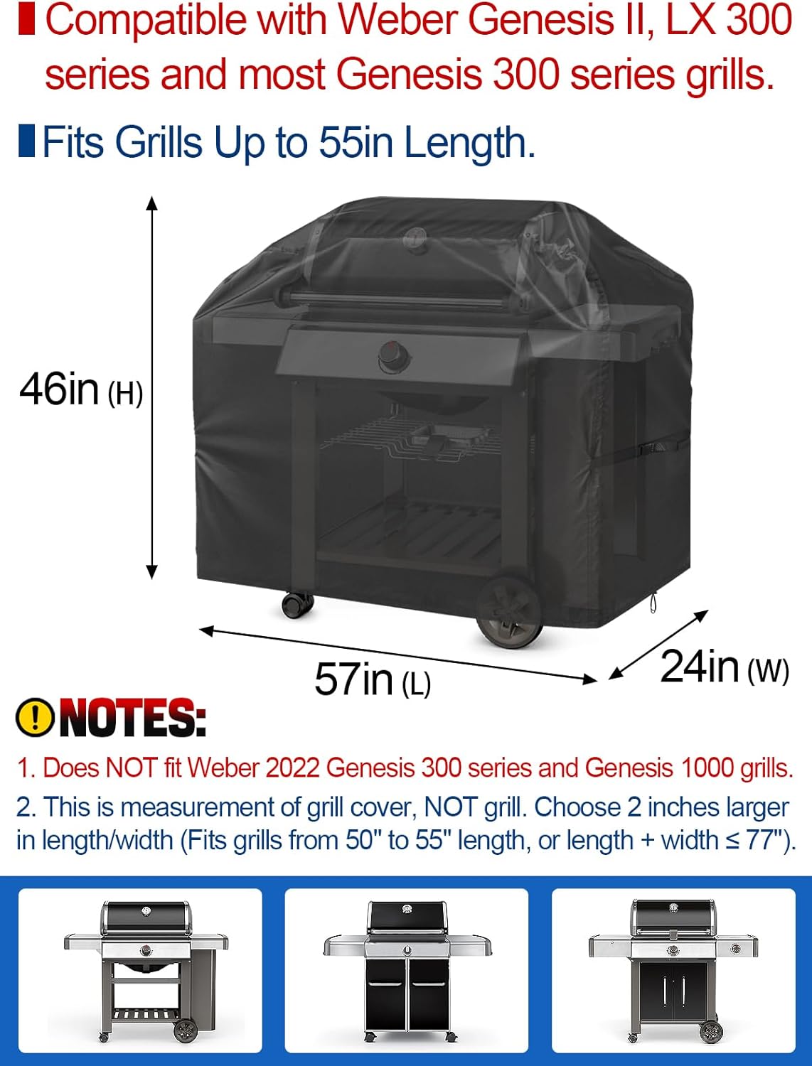 PAMASE 57-Inch BBQ Grill Cover - Waterproof & UV Resistant for Weber Genesis II, LX 300 Series | Fits Dyna-Glo, Nexgrill, Char-Broil