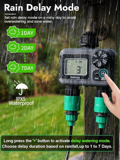 Insoma 2-Zone Sprinkler Timer - Programmable Garden Hose Timer with Auto & Manual Modes | Waterproof Irrigation Controller for Lawns & Drip Systems