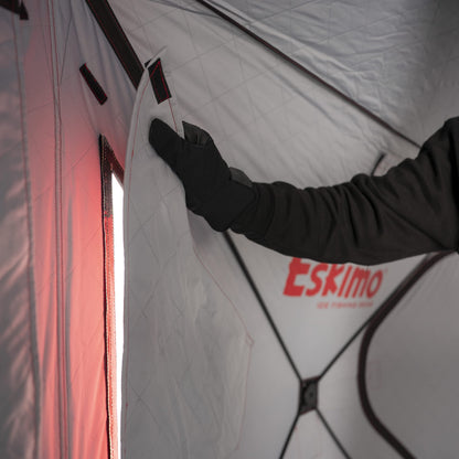 Eskimo Outbreak 650XD Pop-up Portable Insulated Ice Fishing Shelter, 94 sq ft. Fishable Area, 5-7 Person, Red/Black, 143" x 135"