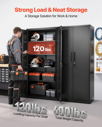 VEVOR Metal Storage Cabinet, Lockable Steel Garage Cabinet with Magnetic Doors and Adjustable Shelves, 2 Keys, 5-Tiers Tall Tool Locker for Home, Office, School, Pantry, Warehouse, Laundry, Black