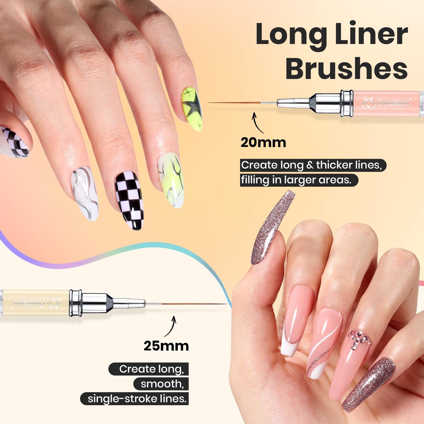 Beetles Nail Art Brushes 8pcs – Crystal Nail Art Tools 5pcs Double-headed Nails Dotting Tool, 3pcs Striping Liner Brushes for Nails with Pearls Bowknot Stickers, DIY Home Salon Manicure Design Tools