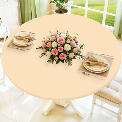 Moosfor Round Spandex Tablecloth, Elastic Fitted Waterproof Tablecloths for 57"-68" Tables, Stretch Washable Picnic Table Cover for Camping, Dining, Indoor and Outdoor,Ivory