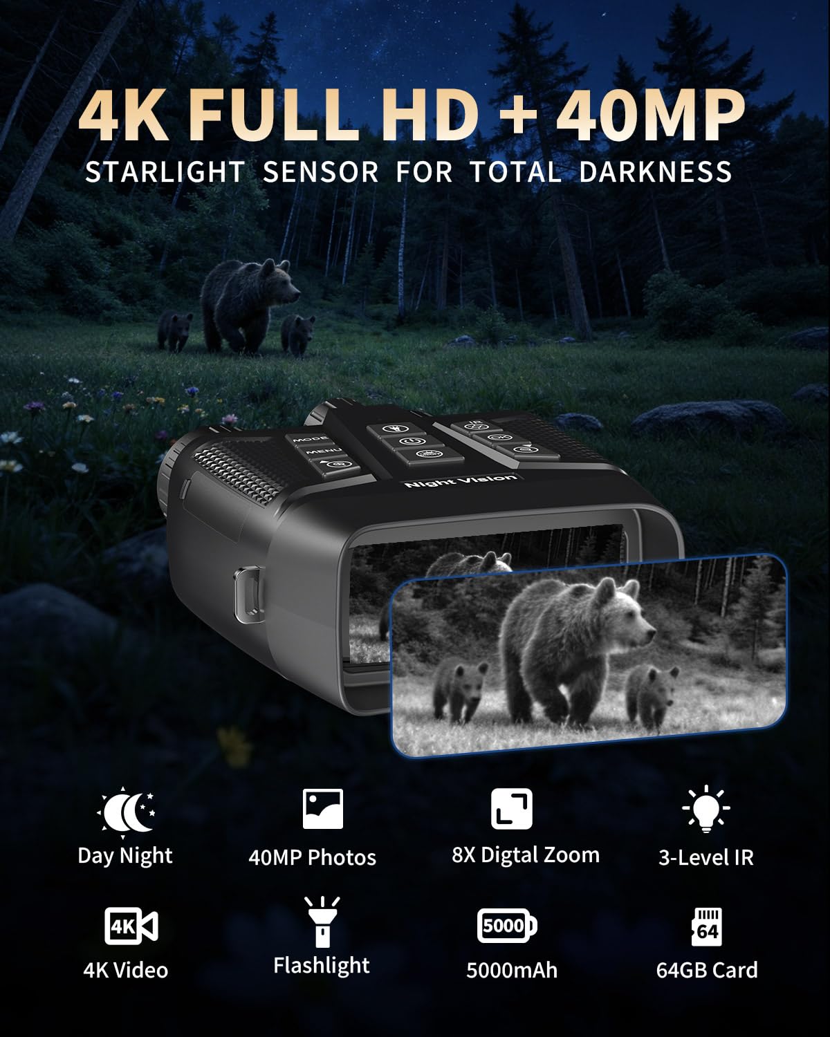 OWNCOZY Night Vision Binoculars for Adults, 4K Night Vision Goggles with 3" HD Screen & Magnifying Lens, 8X Digital Zoom, Rechargeable Device with 64GB Card for Camping & Outdoor Exploration
