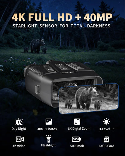 OWNCOZY Night Vision Binoculars for Adults, 4K Night Vision Goggles with 3" HD Screen & Magnifying Lens, 8X Digital Zoom, Rechargeable Device with 64GB Card for Camping & Outdoor Exploration
