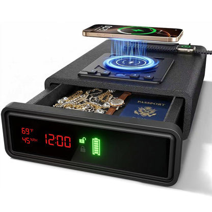 Biometric Fingerprint Gun Safe with Phone & Watch Wireless Charging, 3 Quick Access, Clock Handgun Safe with Adjustable Brightness, Backlit Keypad, Pistol safe for home, office.Gifts for Father's Day