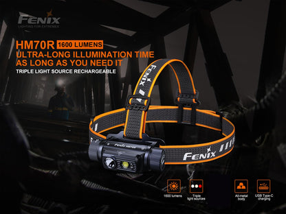 Fenix HM70R Headlamp, 1600 Lumen USB-C Rechargeable with White, High CRI and Red Beams and Lumentac Organizer