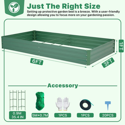 ONCEMORE Galvanized Raised Garden Bed for Vegetables Flowers Herbs, Metal Raised Garden Bed Kit with 2 PCS Tomato Cage, Gloves, Trellis Netting, Plant Labels, Plant Ties, Green 6×3×1FT
