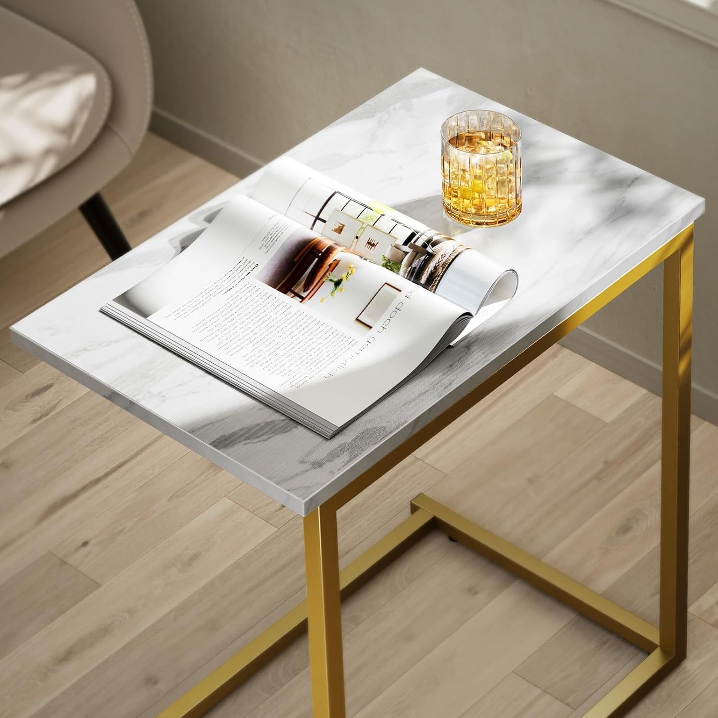 Pipishell C Shaped End Table - Modern Marbling Wood Top | 27-Inch Sofa Side Table for Living Room