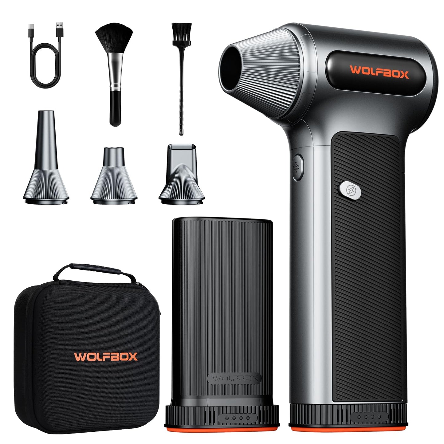 WOLFBOX MF200-2PK Compressed Air Duster - 2 Swappable Battery Packs & Case, Hurricane-Force Electric Air Blower for PC, Car Detailing, Camping & Home, High-Pressure Duster for Narrow Gaps & Crevices