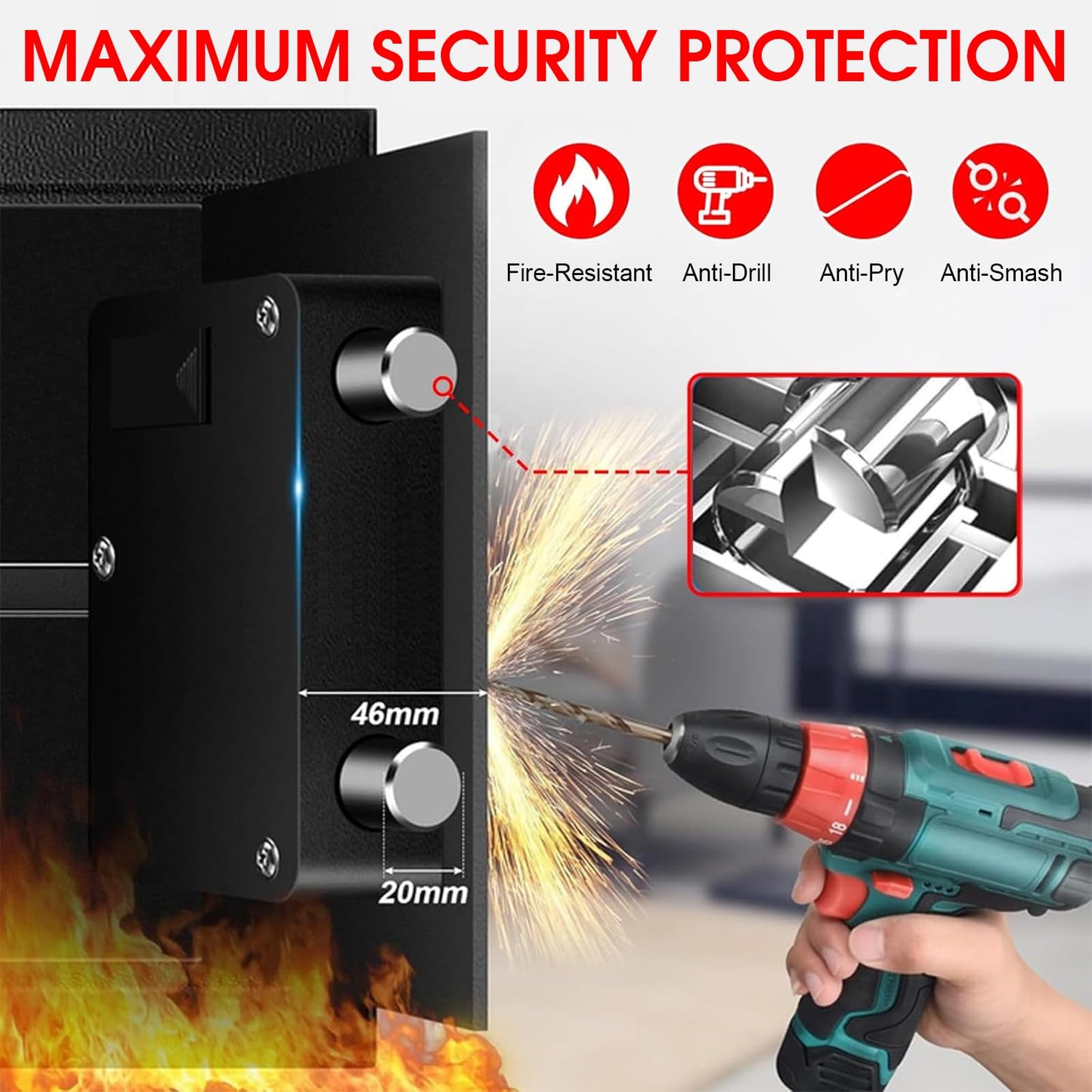 1.6 Cub Fire Proof Safe for Home Documents, Anti-Theft Digital Security Box with Electronic Keypad Lock and Spare Key, Small Safes for Home Use Fire and Water proof for Money Jewelry Valuables