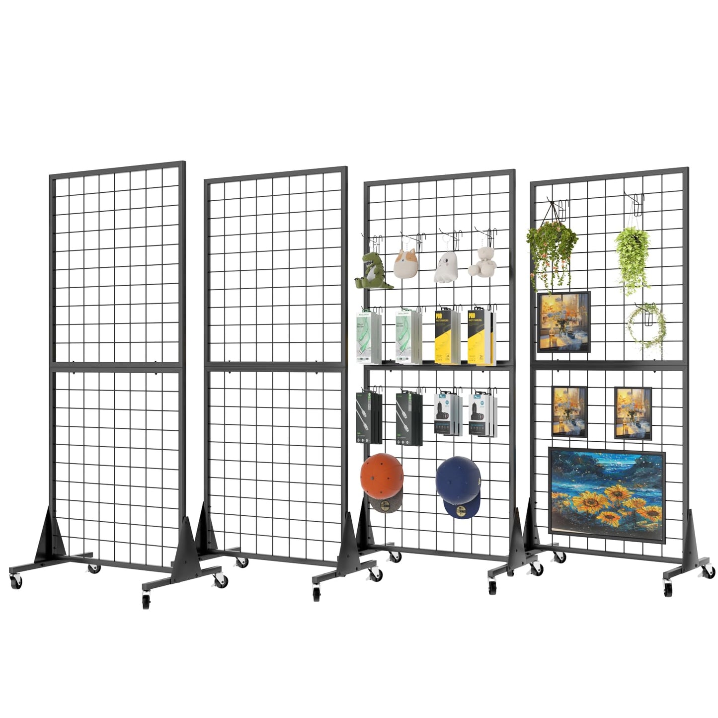 RCZSCBK 2' x 5.5' Grid Wall Panels Standing Wire Grid, Study Display Rack with T-Base Wheels Freestanding Gridwall Panel Tower for Shows, Black (4) (4)
