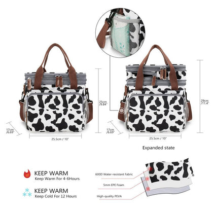 MEYTEILAY Lunch Bag for Women Men Expandable Double Deck Lunch Box Large Lunch Bags Leakproof Insulated Reusable Lunch Cooler Bag（Cow Print）