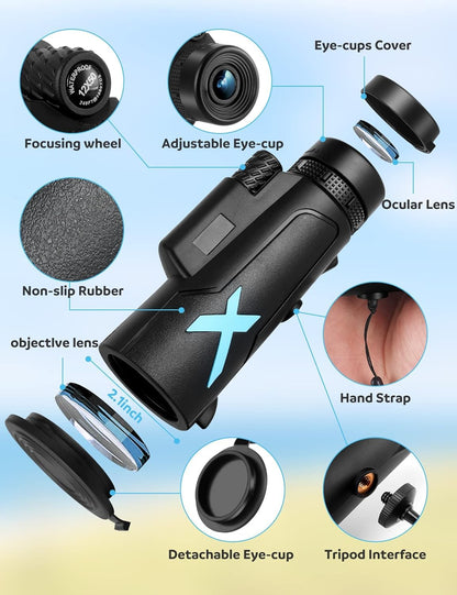 12x50 High Power HD Monocular Telescope with Phone Adapter & Tripod, Waterproof Compact Monocular for Bird Watching, Hiking, Camping - Clear Low Light Vision