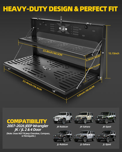 OFFROAD GAMERS 2-Tier Tailgate Table for Jeep Wrangler JK JL JLU 2007-2024 Accessories, Foldable Rear Cargo Shelf Molle Panel Organizer, Heavy Duty 100LBS Capacity Camping Kitchen Workbench