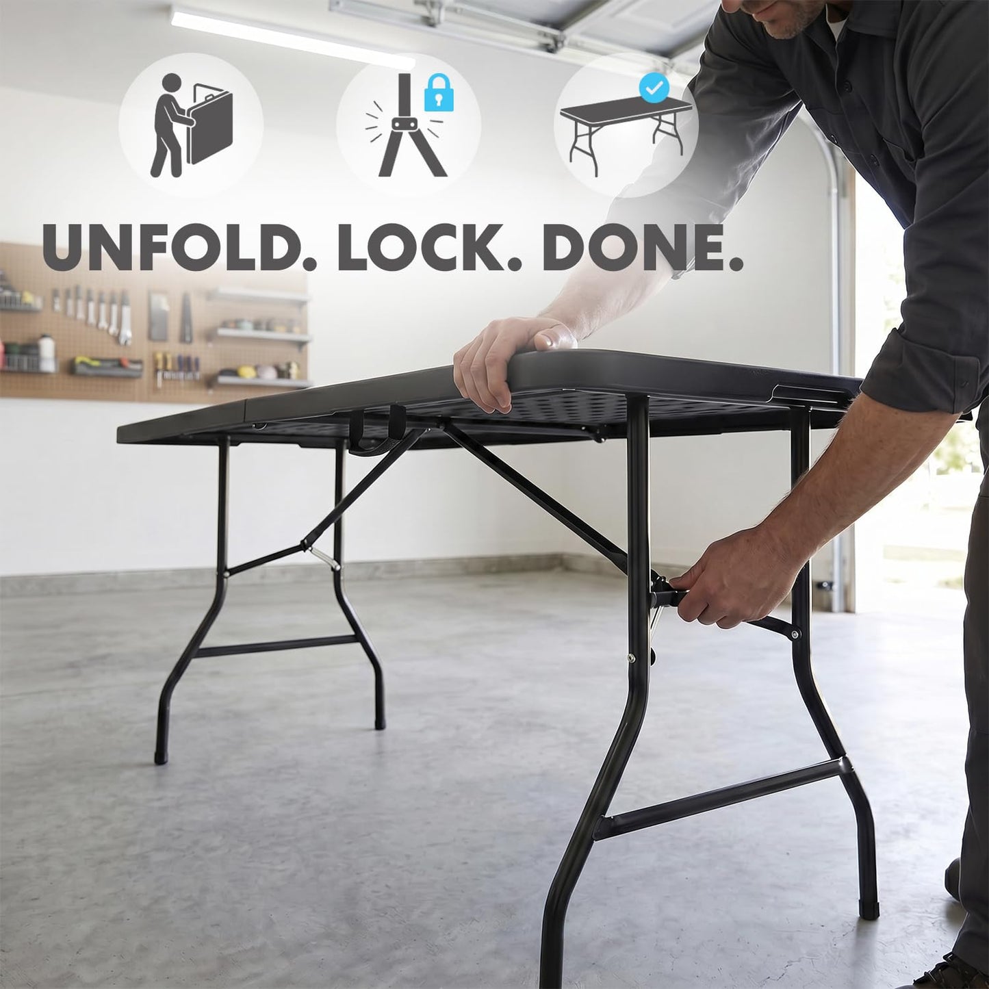 Simpli-Magic 8ft Portable Plastic Folding Table – Indoor & Outdoor Heavy-Duty Foldable Utility Table w/Handle for Party & Camping (Black)
